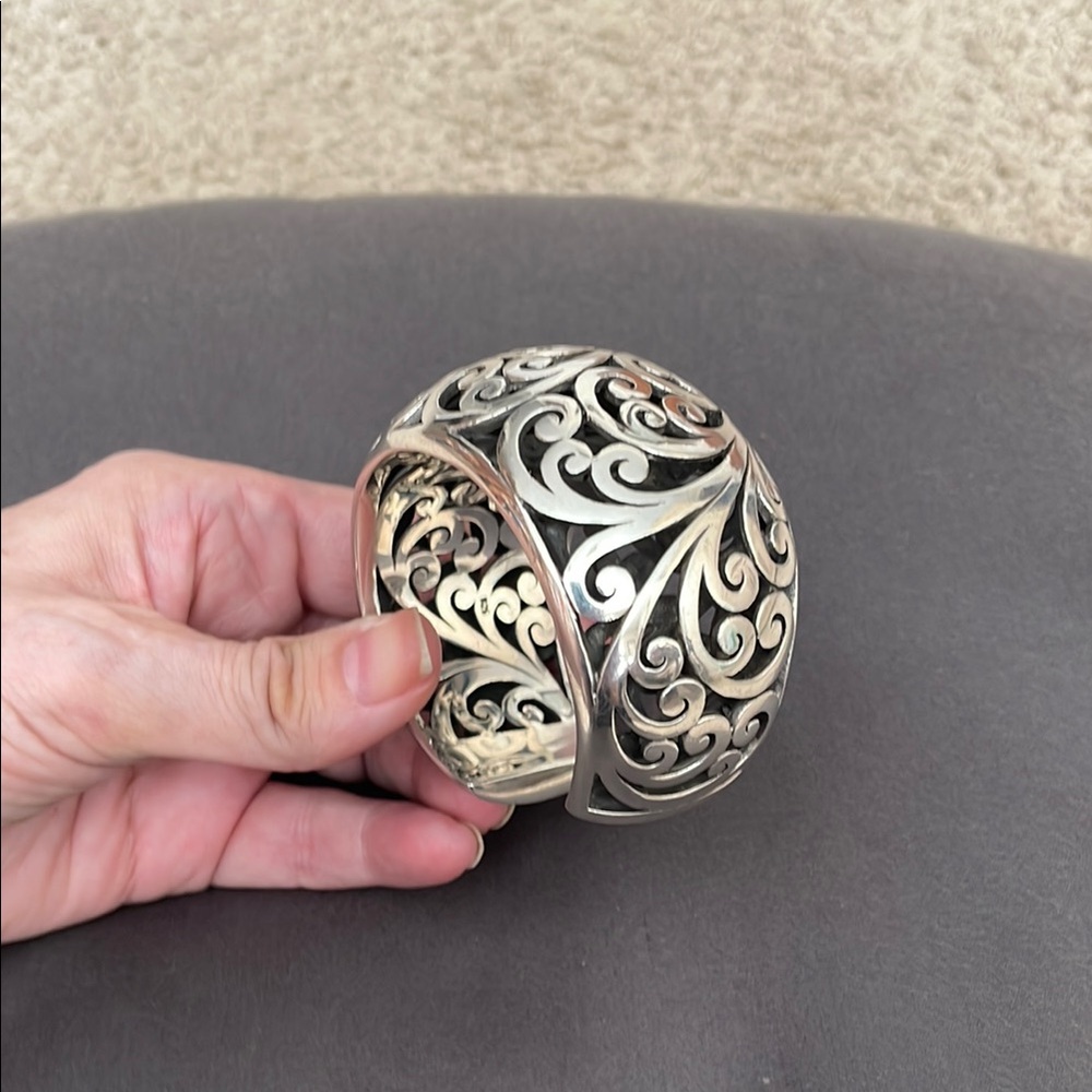 Auth Lois Hill Sterling Silver 925 Filagree Scroll Cage Wide Cuff Bracelet 185g - Picture 2 of 9